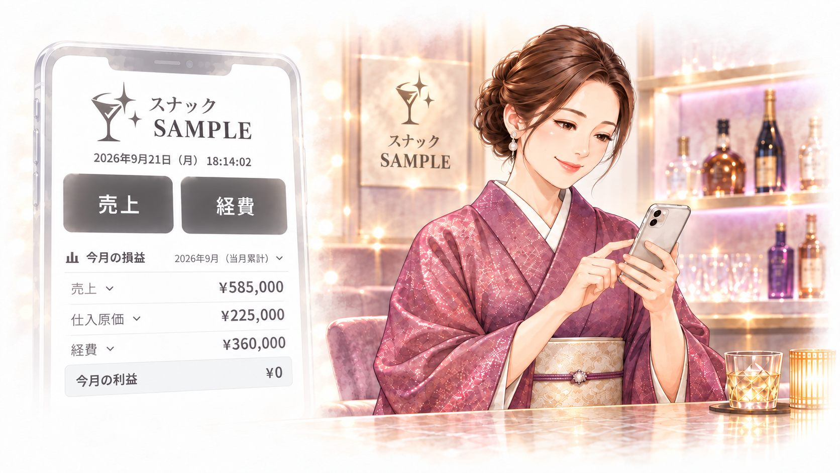 スマホで売上・経費を入力するスナックの経営者